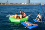 Playing on the water games on the Barcelona Sensation Catamaran